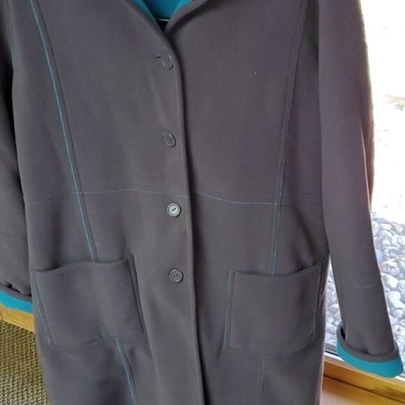 Vintage Reversible Sz 2X Gray/Teal Fleece Long Button Coat with Pockets - Picture 2 of 8